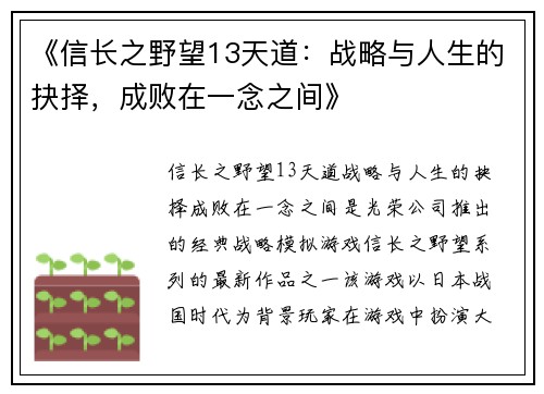《信长之野望13天道：战略与人生的抉择，成败在一念之间》