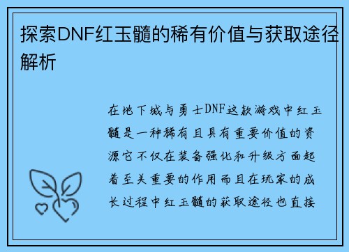 探索DNF红玉髓的稀有价值与获取途径解析