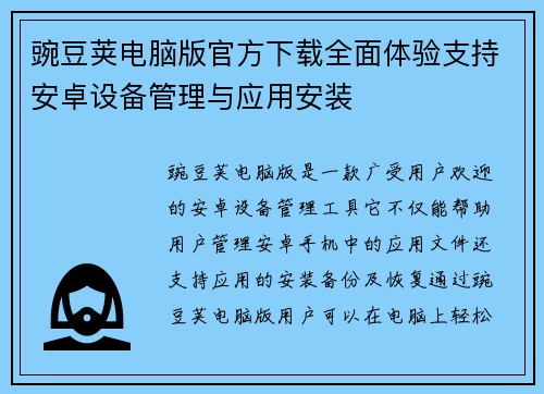 豌豆荚电脑版官方下载全面体验支持安卓设备管理与应用安装