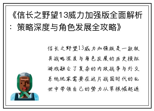 《信长之野望13威力加强版全面解析：策略深度与角色发展全攻略》
